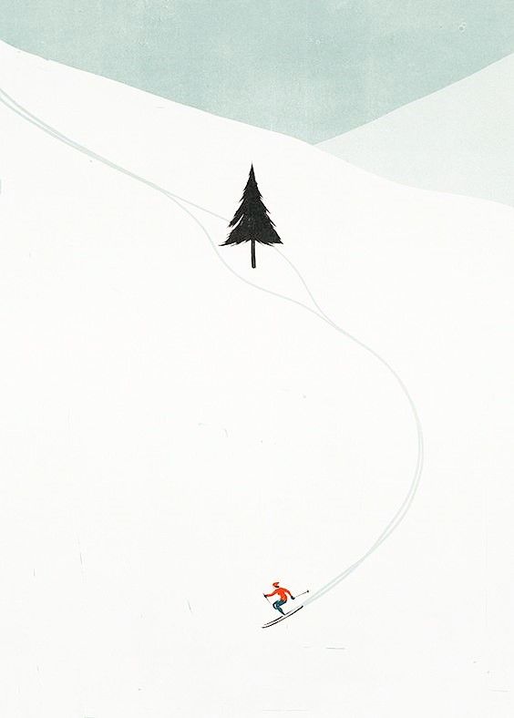 a person riding skis down the side of a snow covered slope next to a tree