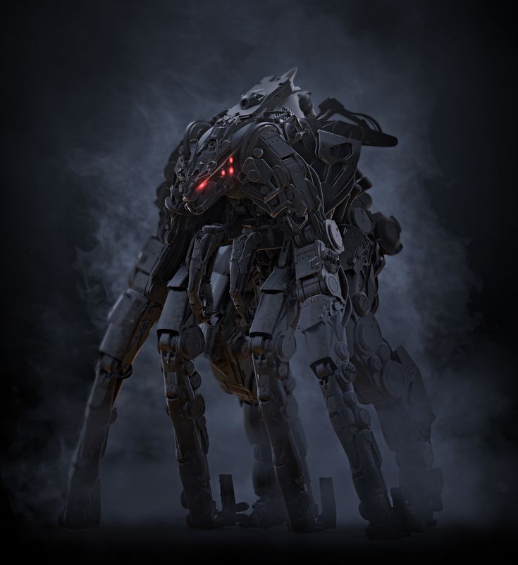 a robot that is standing in the dark with its head turned to look like it has red eyes