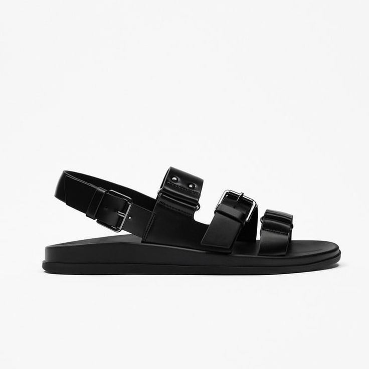 Nwt. Zara Man Black Faux Leather Strapped Sandals. Metal Buckle Detail Matching Sole And Outsole. Size 8, 9. Ref. 2711/020. Sh13 Black Leather Slingback Sandals With Buckle, Black Leather Flat Slingback Sandals, Black Leather Slingback Sandals With Buckle Closure, Spring Leather Footbed Sandals In Black, Black Flat Faux Leather Sandals, Black Leather Double Strap Footbed Sandals, Black Leather Footbed Sandals With Strap, Black Faux Leather Sandals With Leather Footbed, Black Leather Strap Footbed Sandals