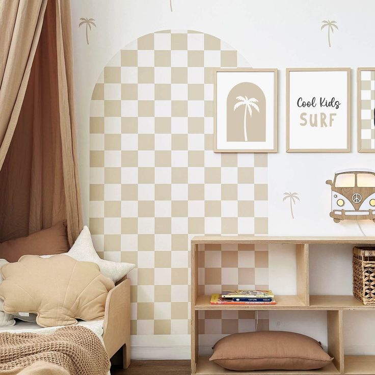 a bedroom with checkered wallpaper and wooden furniture