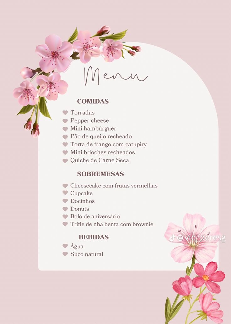 a menu with pink flowers on it and the word menu written in spanish, which is also