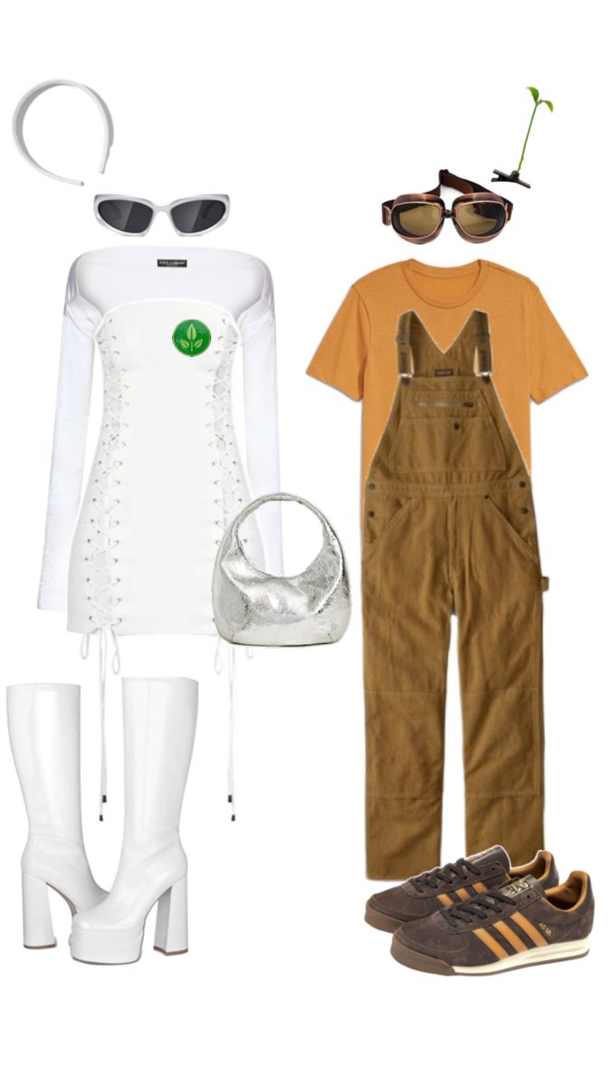 three different outfits including white boots, an orange t - shirt and brown overalls