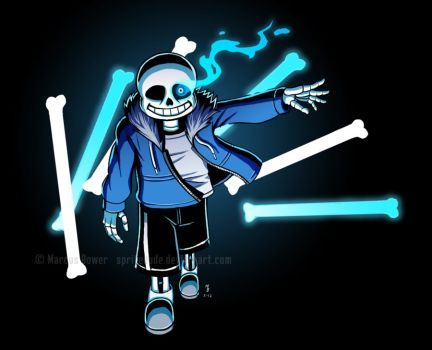 the skeleton is wearing a blue jacket and black pants with his arms spread out in front of him