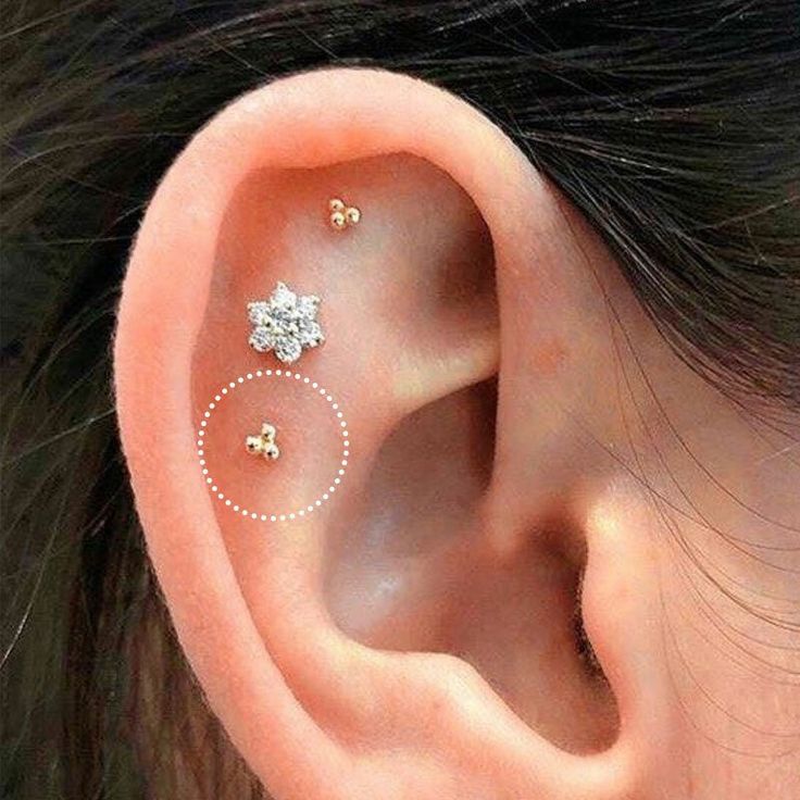 an ear with three small diamond studs on it's middle part and two smaller diamonds in the middle