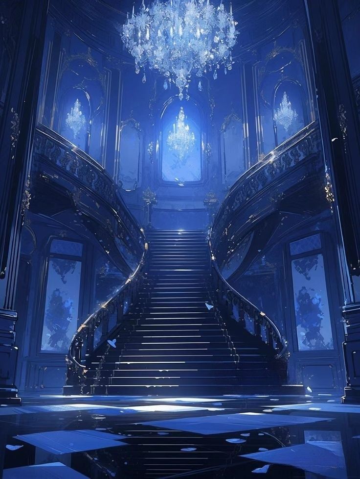 an artistic scene with stairs and chandelier