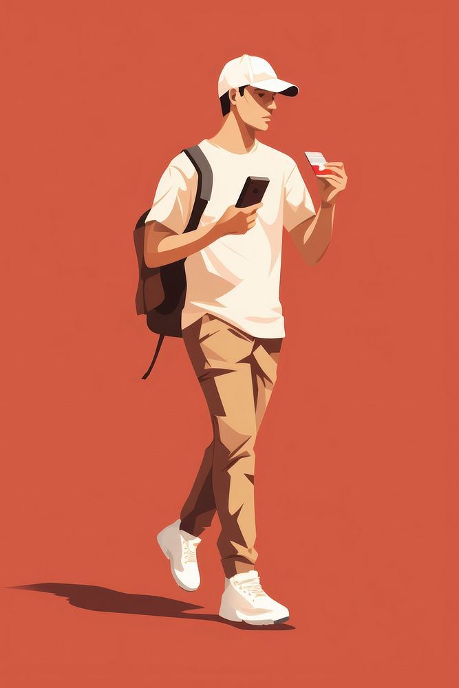 a man in white shirt and cap walking with cell phone to his side on red background