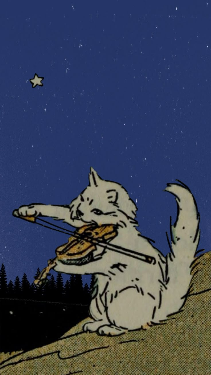 an image of a cat that is playing the violin on top of a hill at night