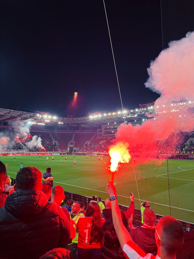 people at a soccer game with flarers in the air