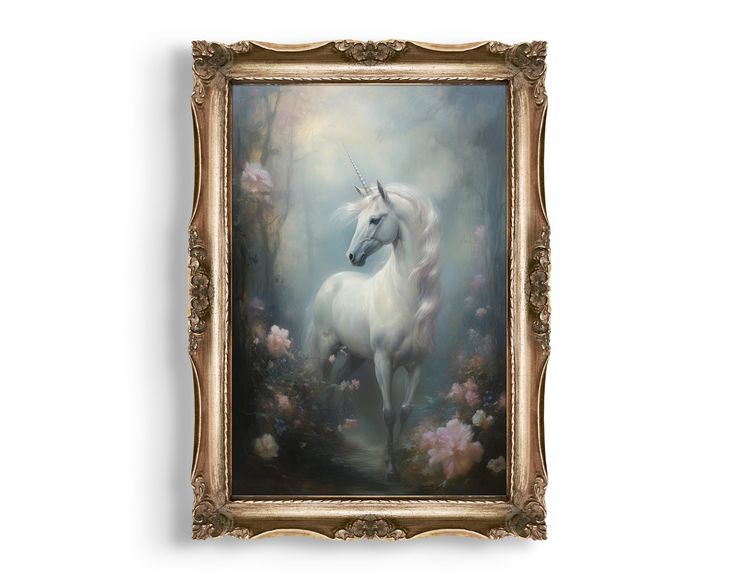 an oil painting of a white unicorn in a forest with pink flowers on the ground