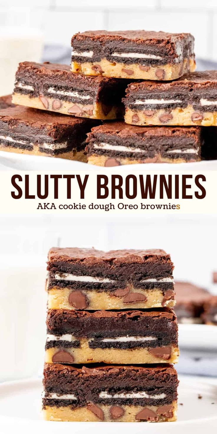 These slutty brownies are the most over-the-top dessert you'll ever try. They have a soft and chewy chocolate chip cookie base, a layer of Oreo cookies, and fudgy brownie on top! This recipe is 100% from scratch and definitely the most indulgent brownie recipe around. While I personally don't love the name - these layered brownies have everything you could want in one dessert. #brownies #cookiedough #oreo #chocolate #sluttybrownies #homemade from Just So Tasty Cookie Dough Oreo Brownies, Cookie Base, Fudgy Brownie, Oreo Brownies, Chewy Chocolate Chip, Best Brownies, Chewy Chocolate Chip Cookies, Brownie Recipe, Easy Baking Recipes Desserts