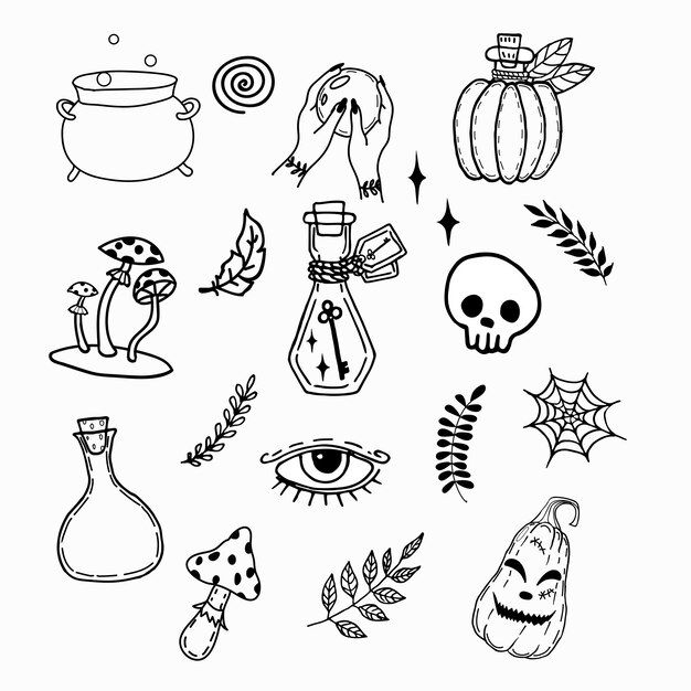 halloween doodles with skulls, witches and pumpkins on them in black and white