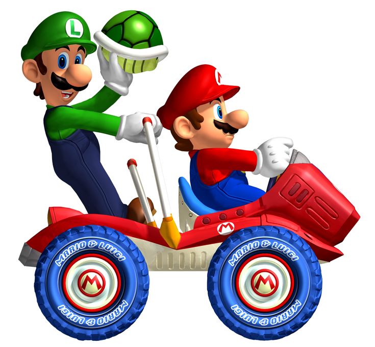 mario and luigi on a toy car with an adult in the back, riding it