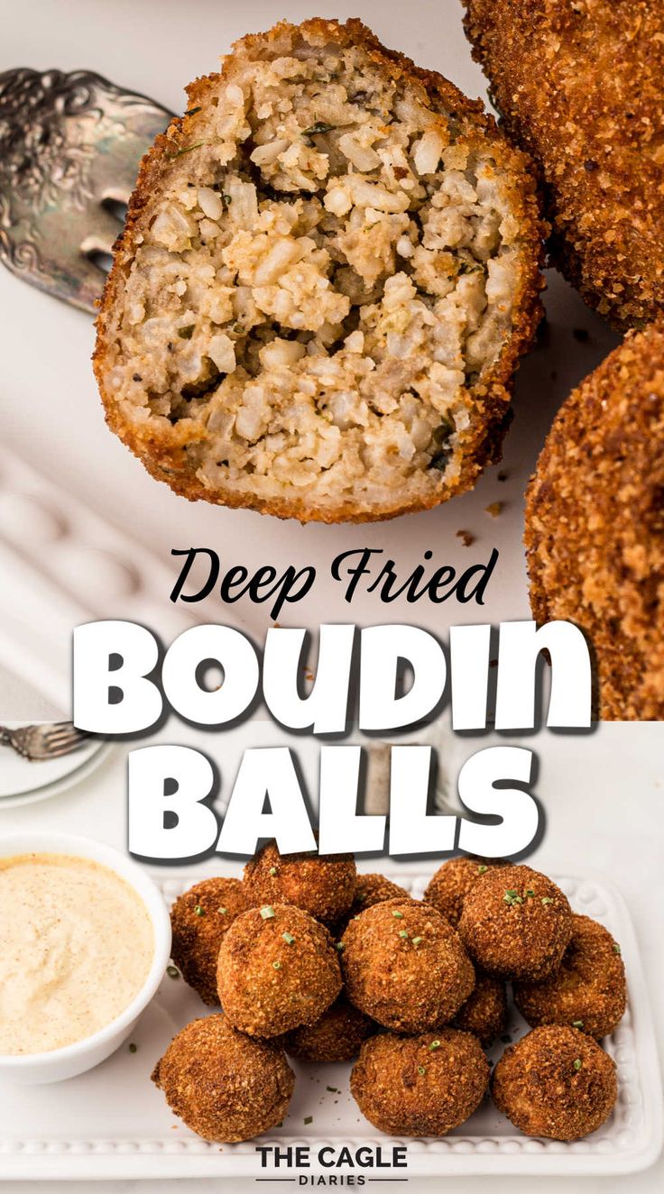 deep fried boudiin balls on a plate with dipping sauce