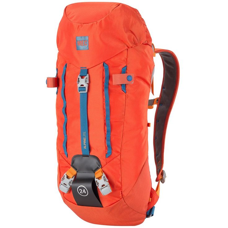 an orange backpack with blue straps on it