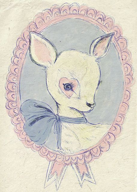 a drawing of a deer with a bow around its neck in a pink and blue frame