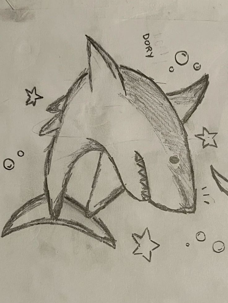 a drawing of a shark with stars and bubbles