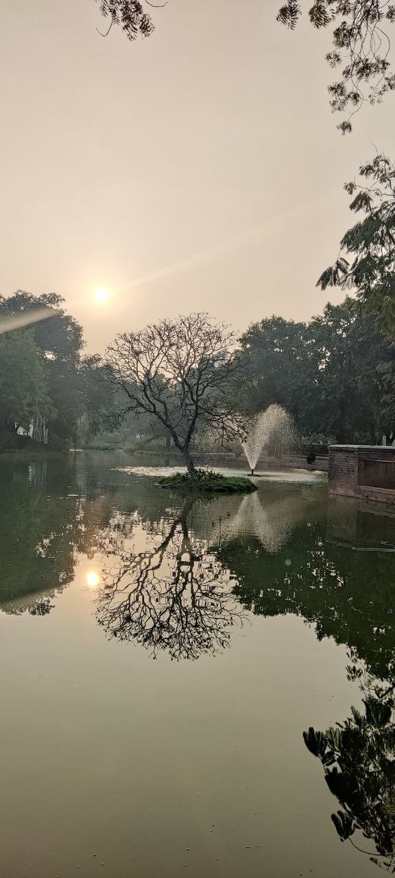 the sun is setting over a pond with trees and water spouting from it