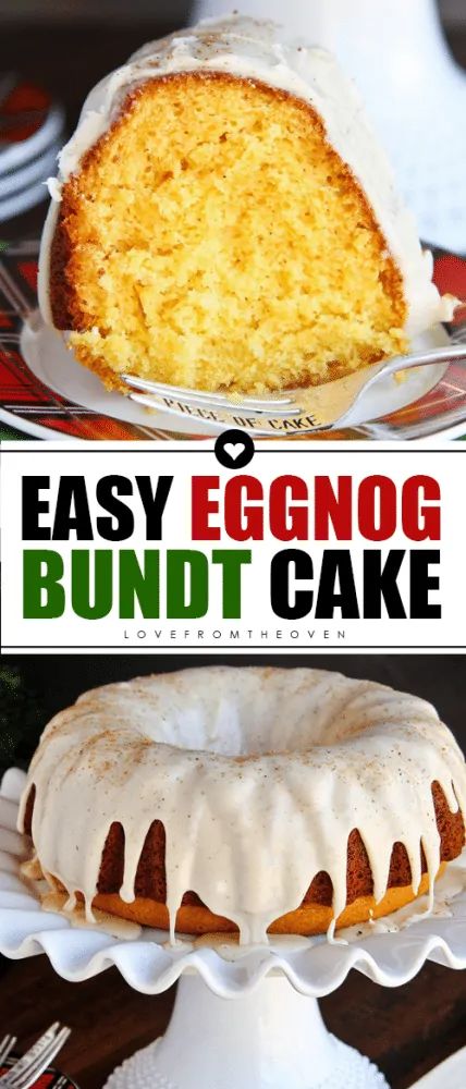 an eggnog bundt cake on a plate with the words easy eggnog bundt cake