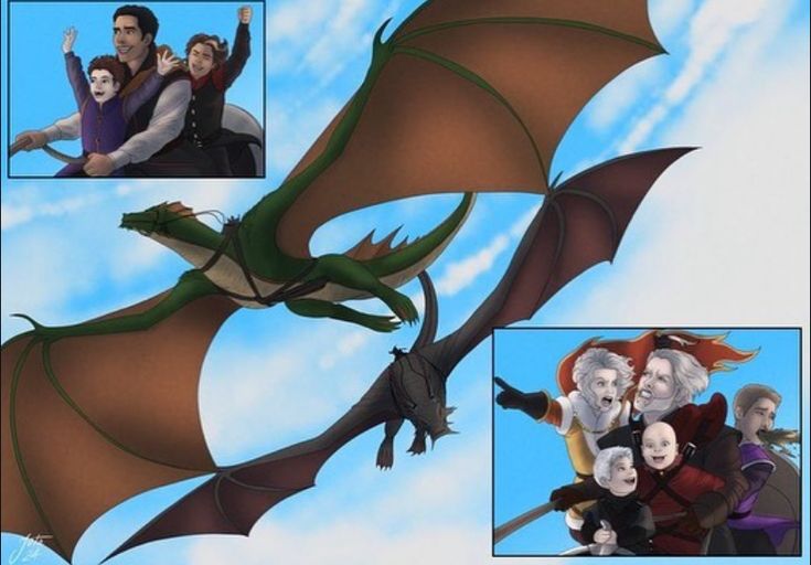 an animated image of some people and a dragon flying in the air with their heads together