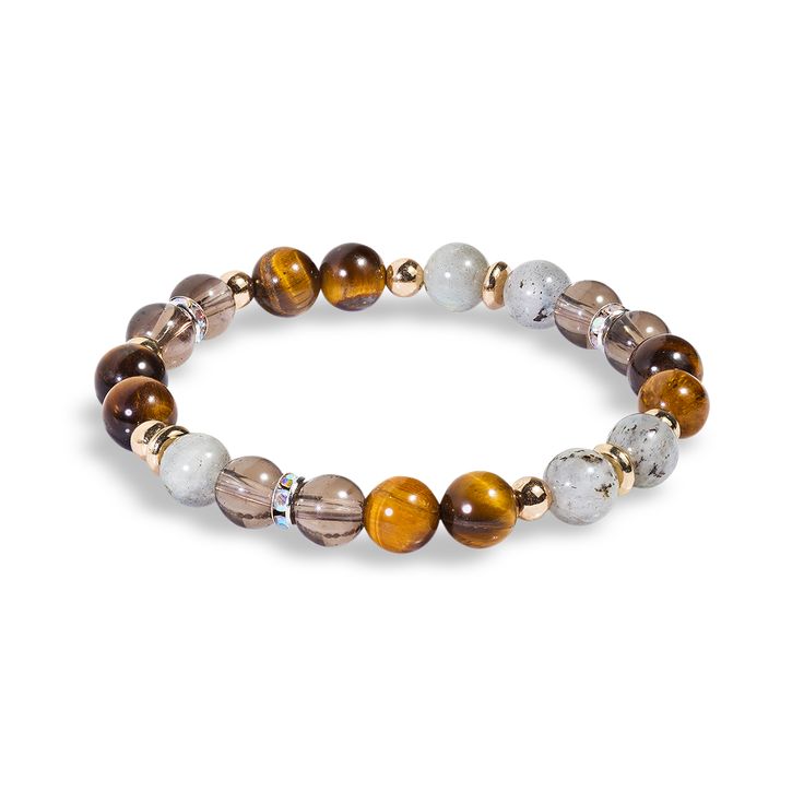 Handcrafted on a tension tested stretch cord with authentic Smoky Quartz, Gray Labradorite and Tiger's Eye gemstones. Fall Bracelets, Blue Tiger Eye Bracelet, Crystals Bracelets, Autumn Bracelet, Jewelry Wardrobe, Tiger Eye Crystal, Beaded Bracelets Tutorial, Brown Bracelet, Energy Bracelets