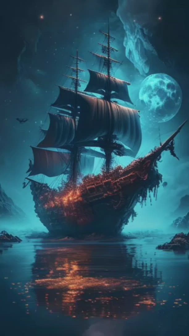 This may contain: a ship floating on top of a body of water under a moon filled sky with stars