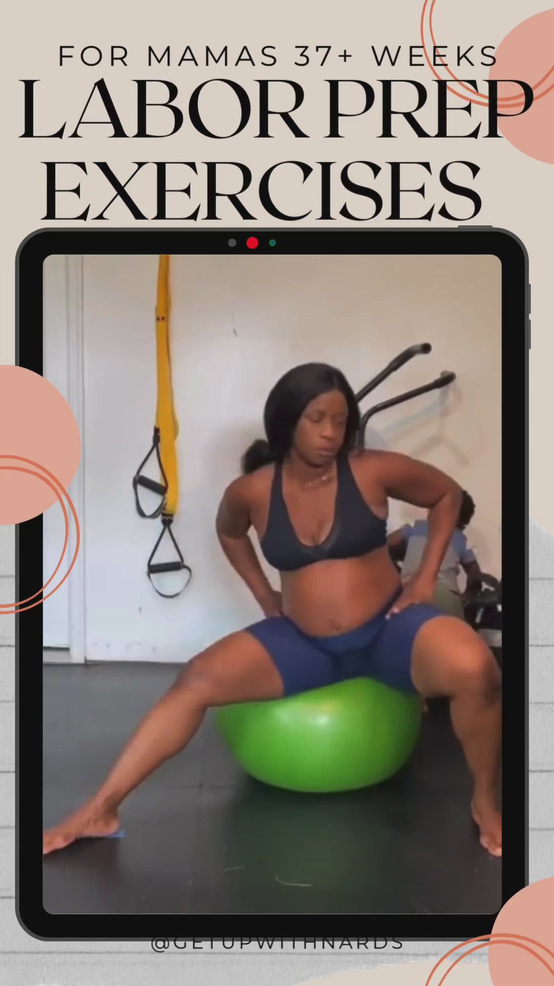 This may contain: a woman sitting on an exercise ball in front of a wall with the words labor pred exercises