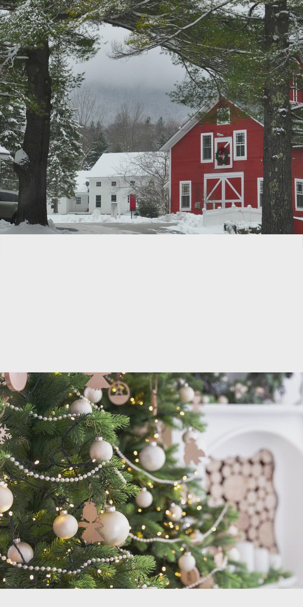 This may contain: a christmas tree in front of a red barn with text overlay that reads 10 magic christmas getaways usa