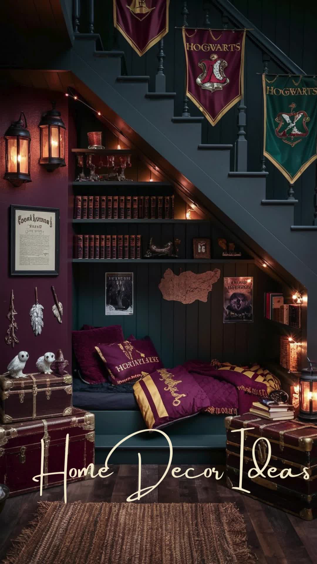 This may contain: a bed sitting under a stair case next to a book shelf filled with lots of books