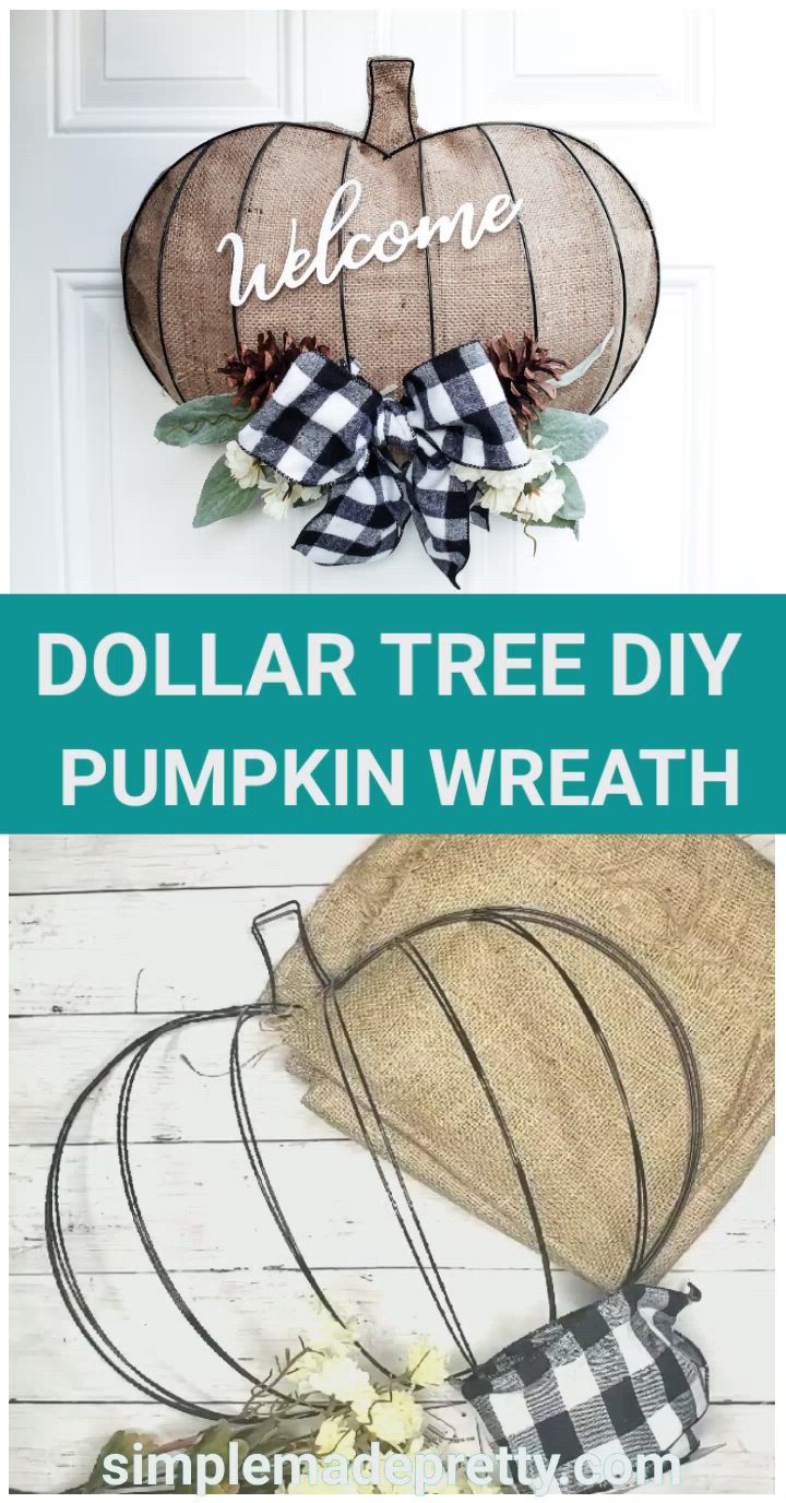 This may contain: the dollar tree diy pumpkin wreath is made with burlock and fabric to make it