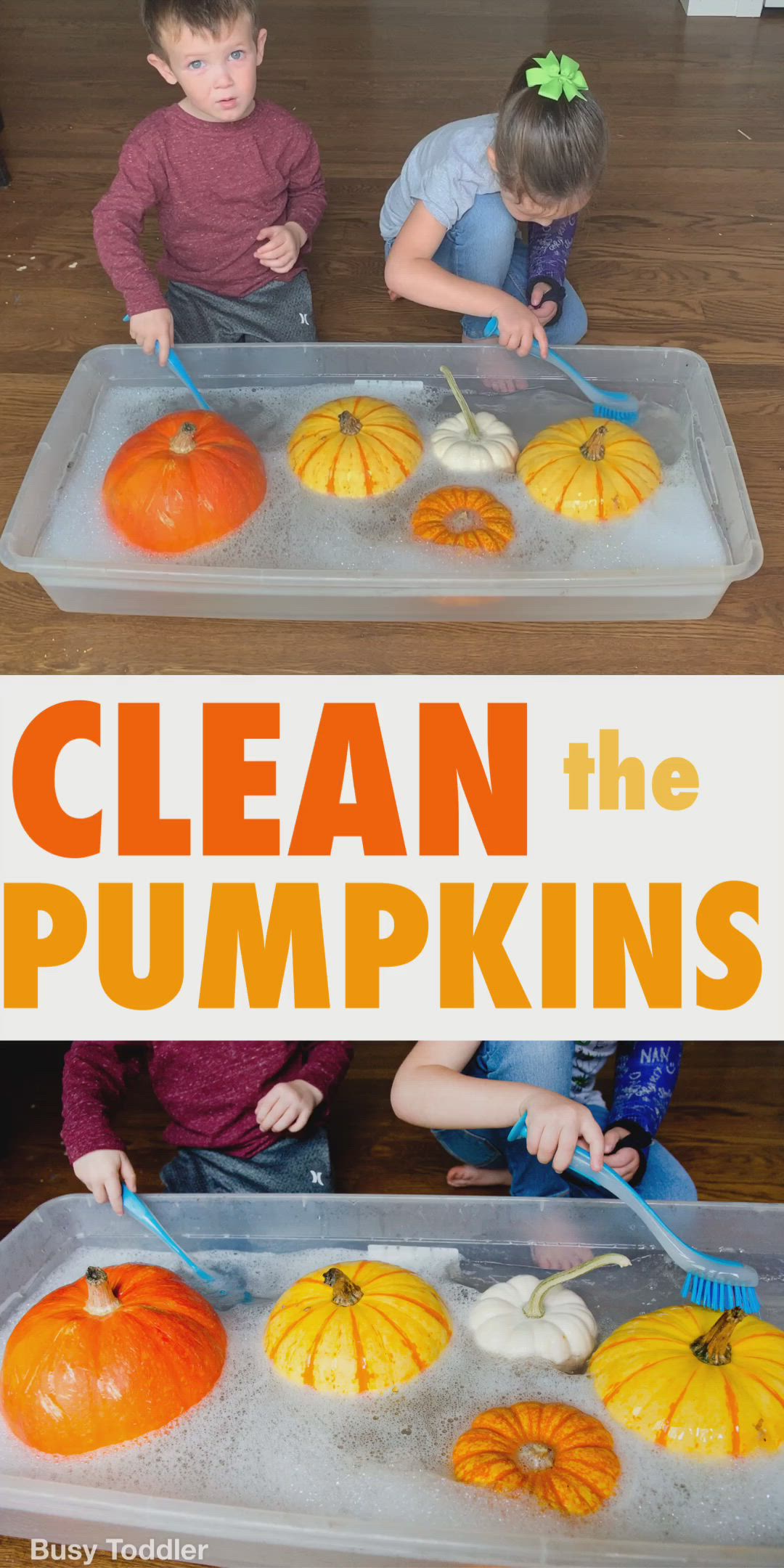 This may contain: two children are making pumpkins out of foam and cleaning them with a plastic brush