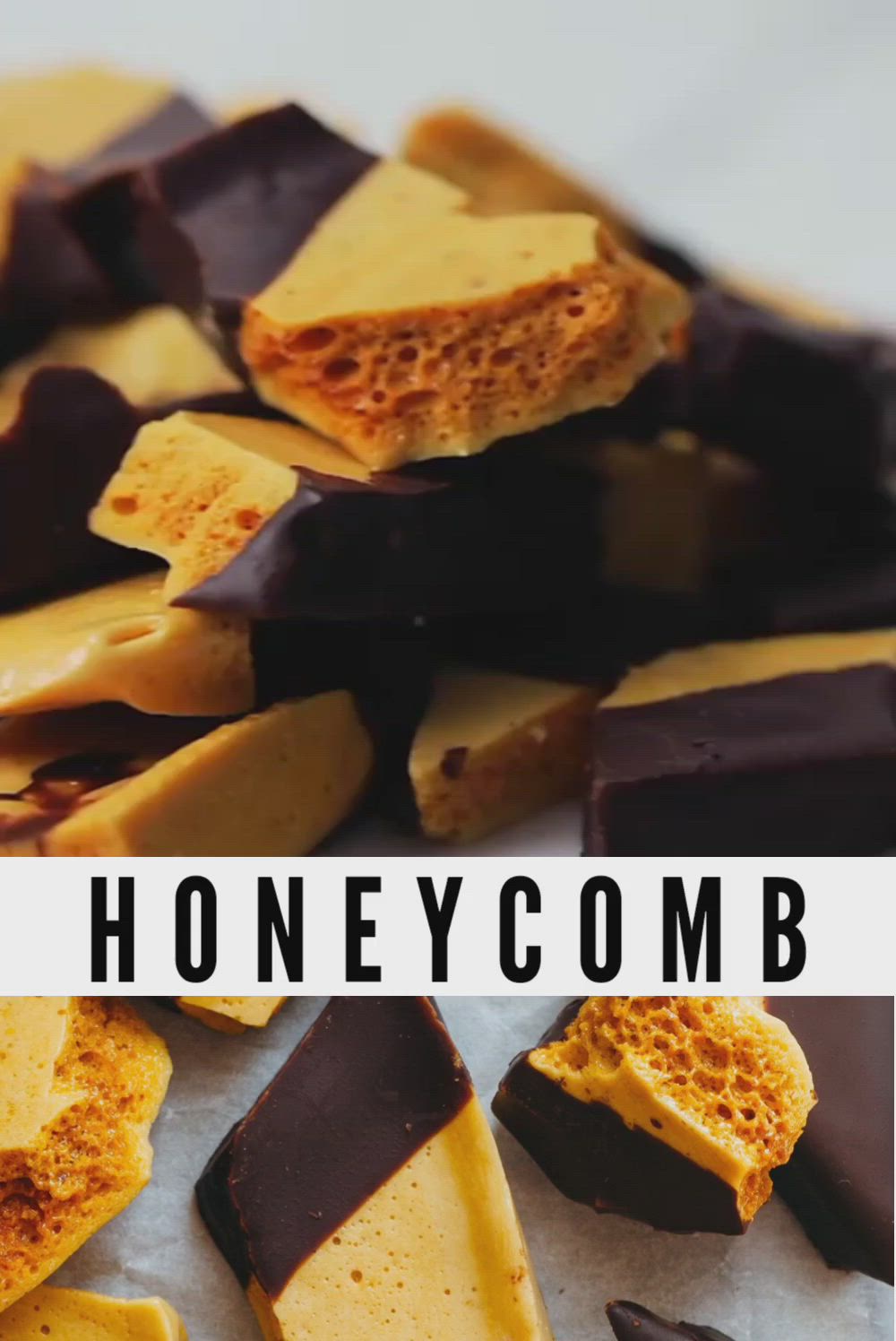 This may contain: chocolate and honeycomb candy bars are stacked on top of each other with the words honeycomb written across them