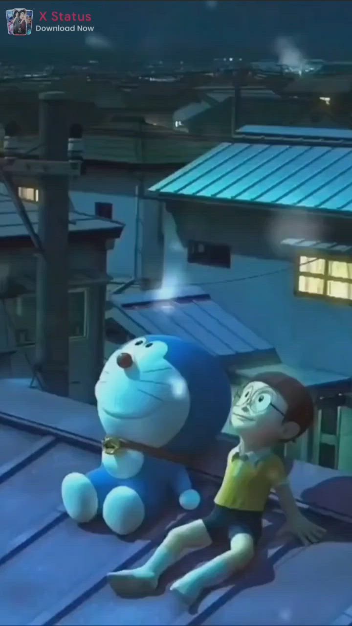 This may contain: a cartoon character sitting on top of a roof next to another character in front of a building