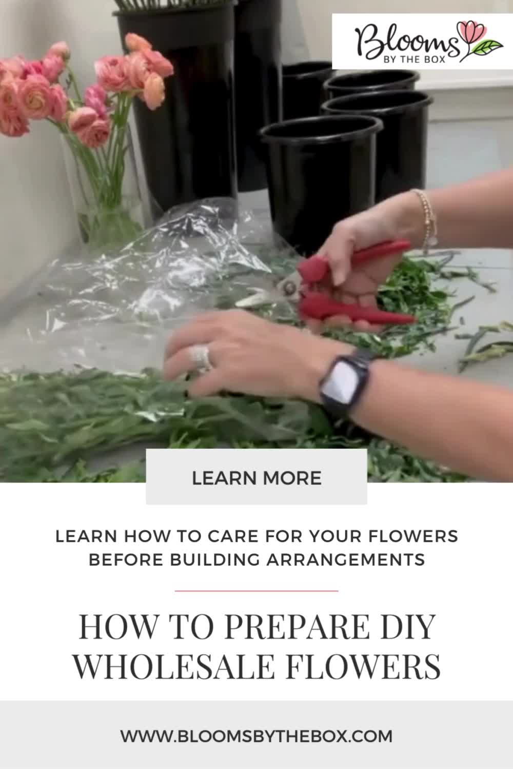 This may contain: someone is cutting flowers with scissors on the table and text overlay reads learn more learn how to care for your flowers before building arrangements