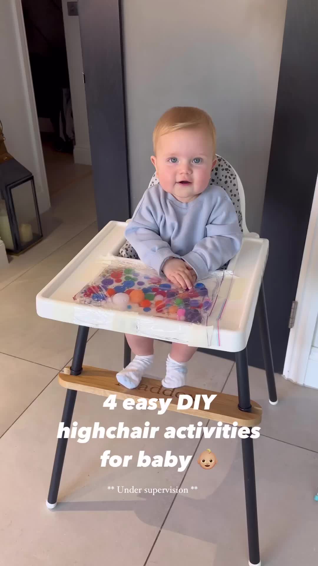 This may contain: a baby sitting in a high chair with the words 4 easy diy highchair activities for baby