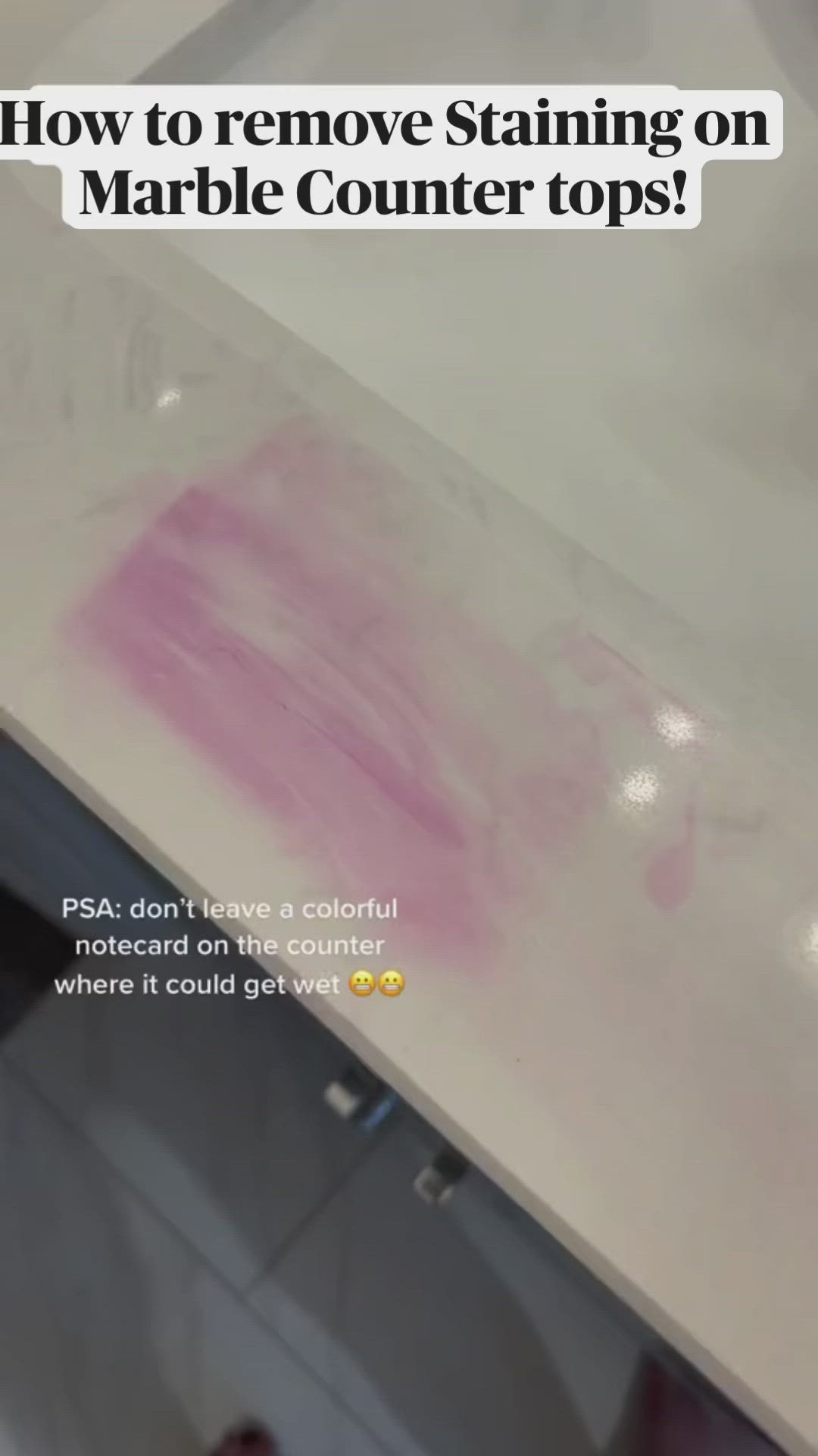 This may contain: a counter top with pink ink on it and the words how to remove staining on marble counter tops?