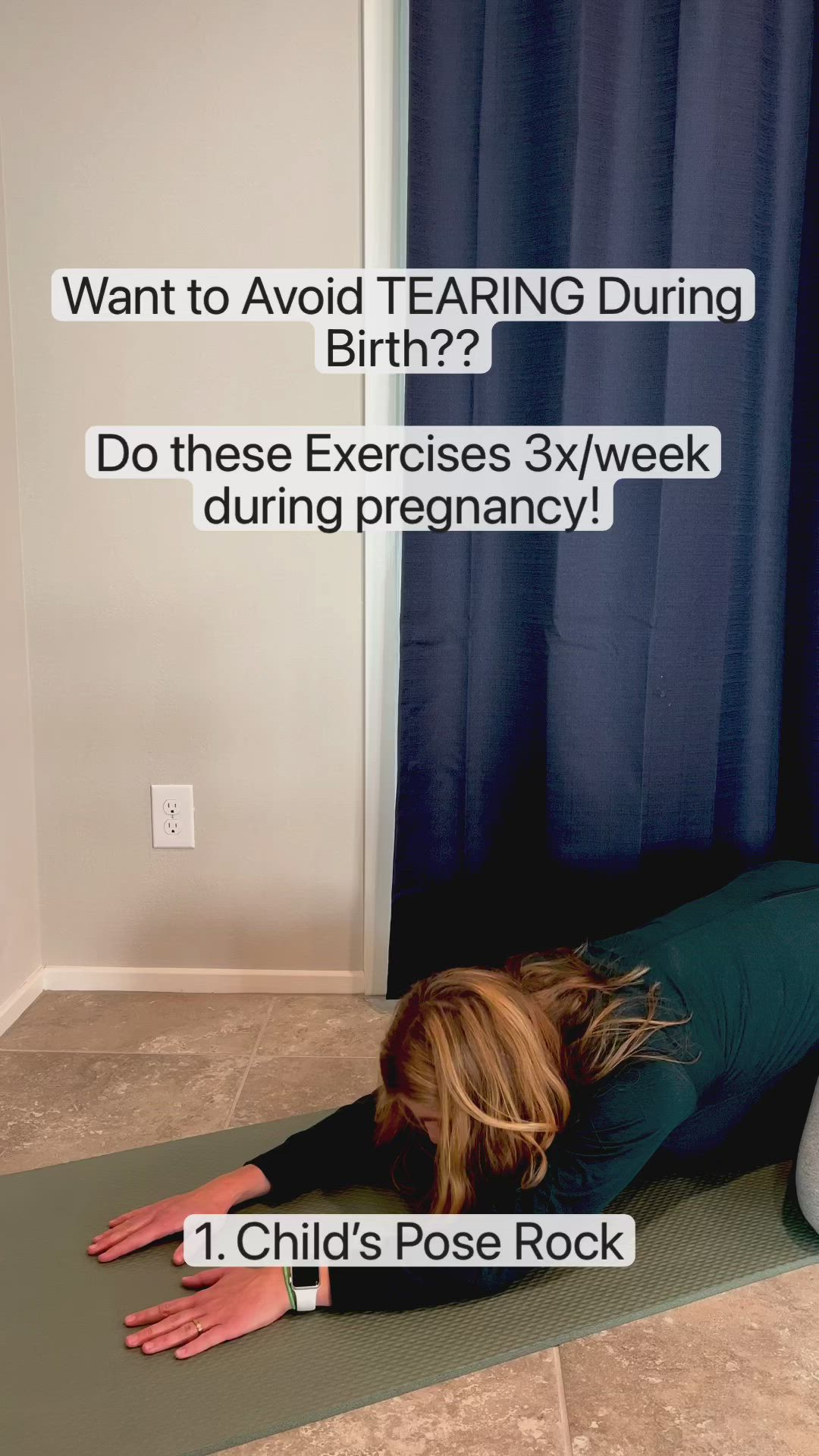 This may contain: a woman is laying on her stomach in the middle of a yoga pose with text overlay that reads, want to avoid tearing during birth? birthday? do these exercises 3xl