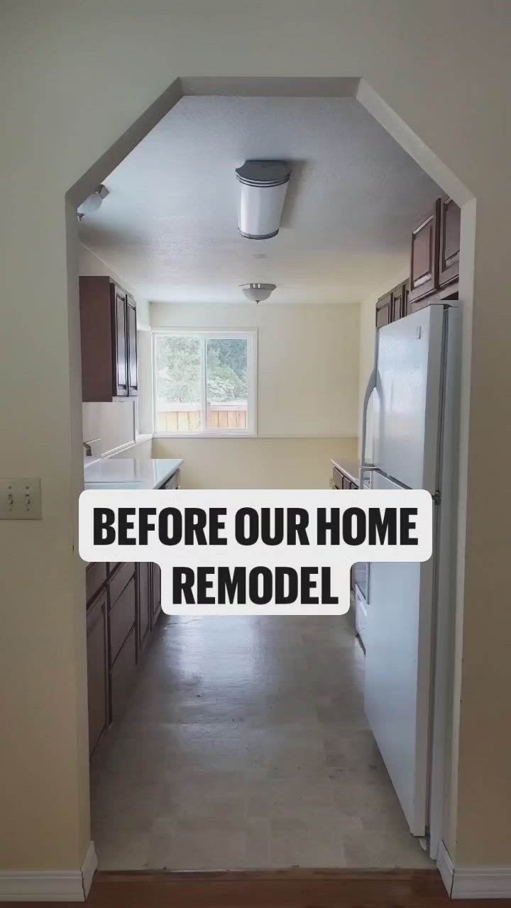 This may contain: an empty kitchen with the words before our home remodel