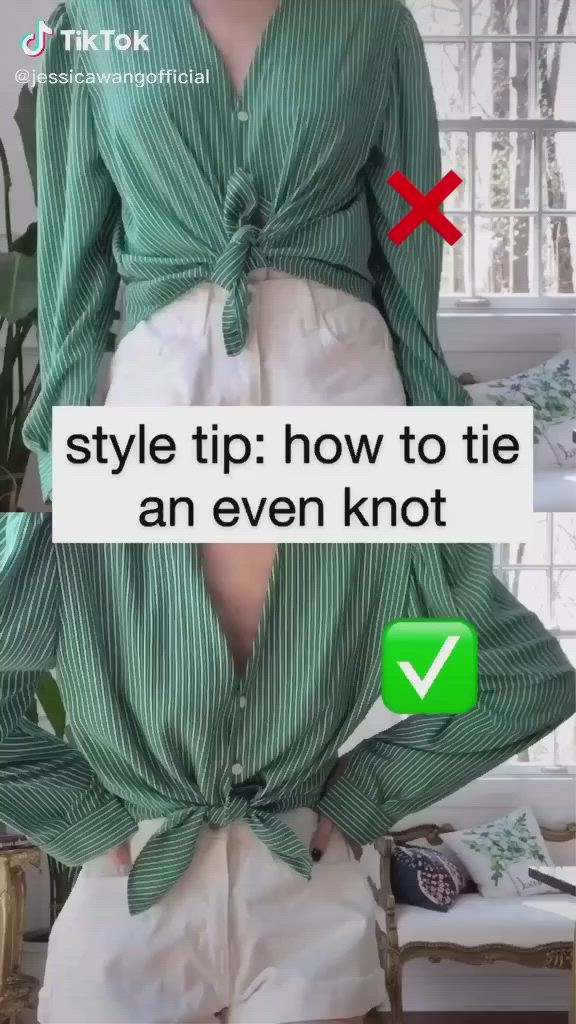 This may contain: a woman wearing white shorts and green shirt with the words style tip how to tie an even knot