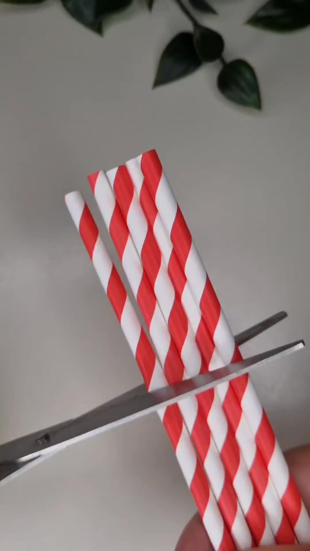 This may contain: a pair of red and white striped straws being cut