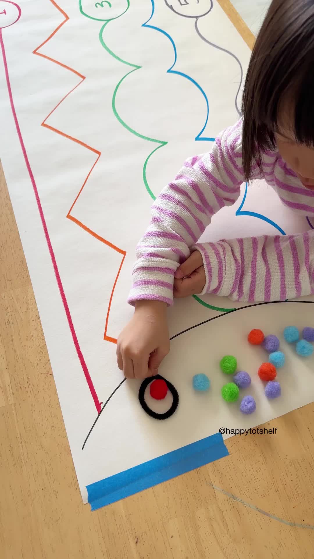 This simple yet engaging activity nurtures important early learning skills like pre-writing, counting, colour sorting and hand-eye coordination for your little ones! More fun counting activities for preschoolers in Happy Tot Shelf blog.