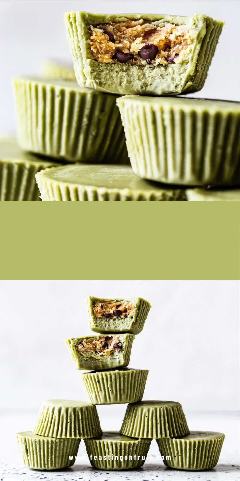 This may contain: white chocolate matcha cookie dough cups stacked on top of each other with text overlay