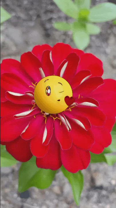 This may contain: a red flower with a smiley face on it