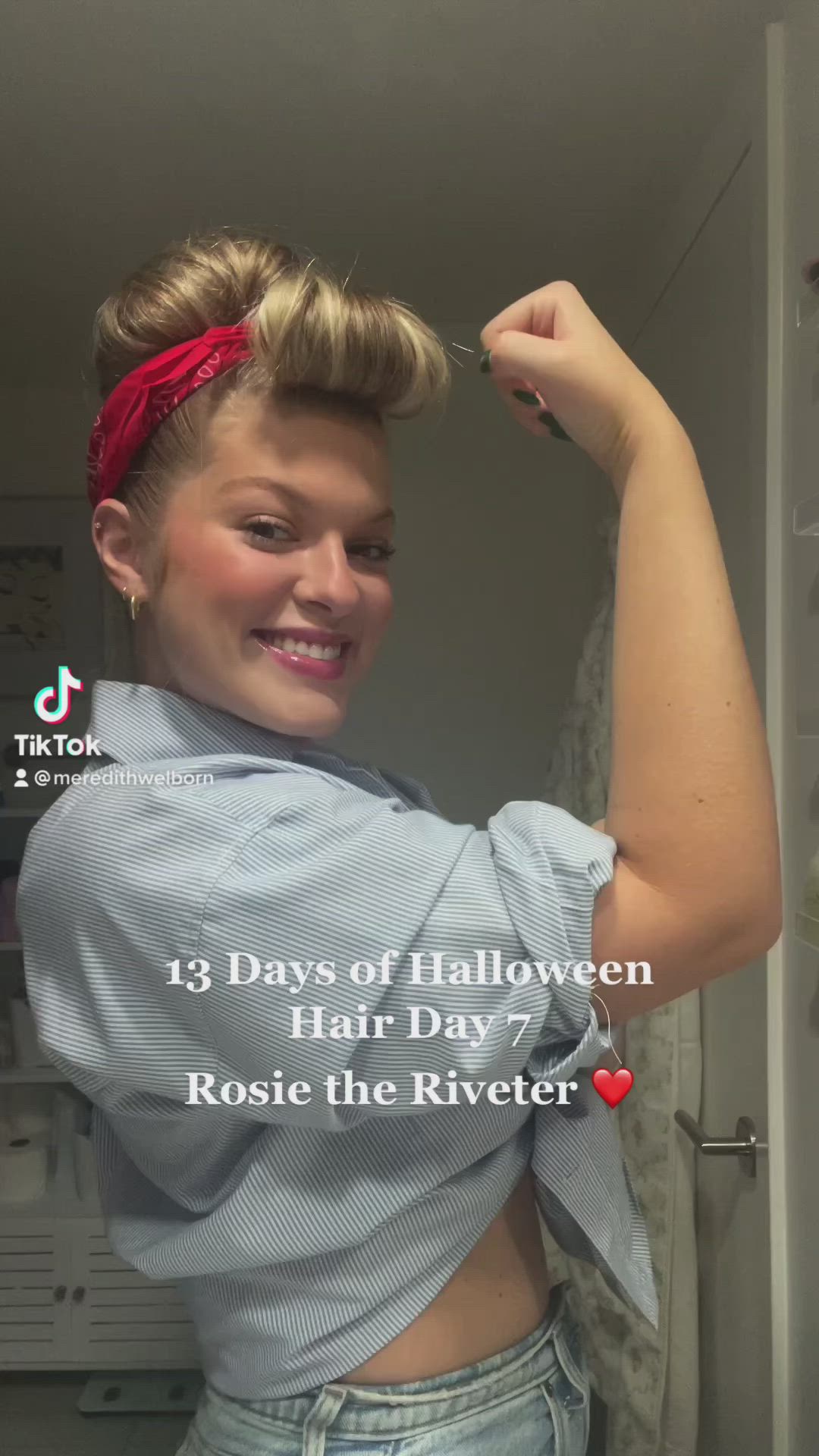 This contains an image of: Rosie the riveter look for Halloween ❤️