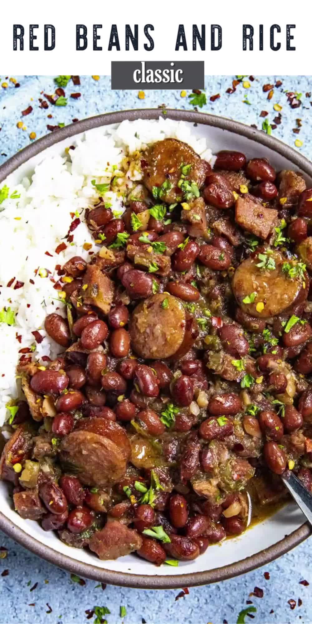 This may contain: red beans and rice in a white bowl on top of a blue table cloth with the title above it