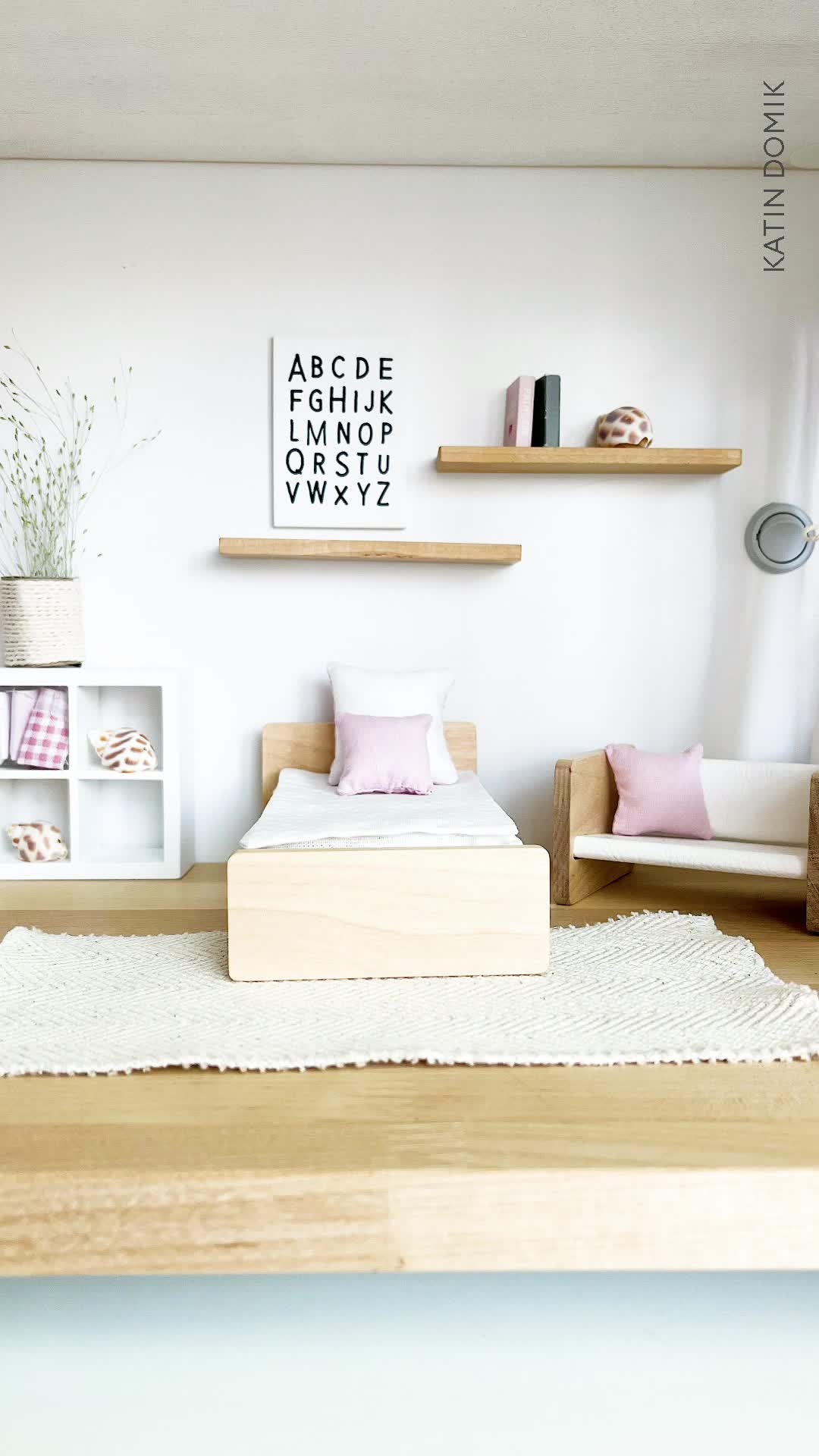 This may contain: a child's bedroom with a wooden rocking horse