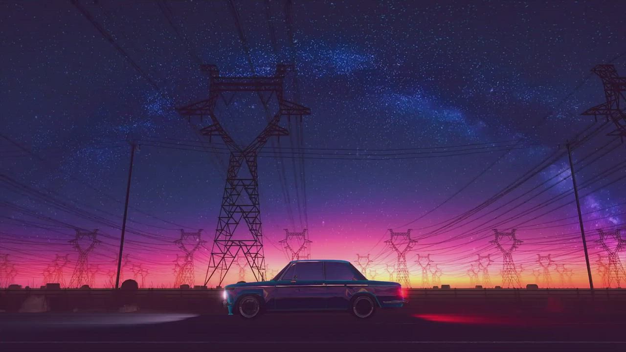 This may contain: a car is parked in front of power lines at night with the sun setting behind it