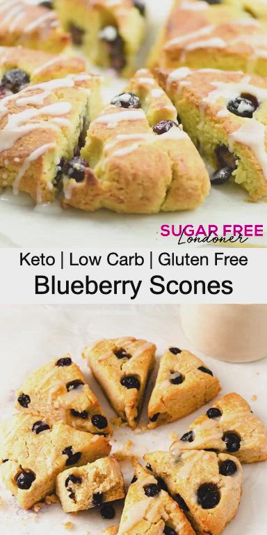 This may contain: blueberry scones with white icing on top and the words keto low carb gluten free