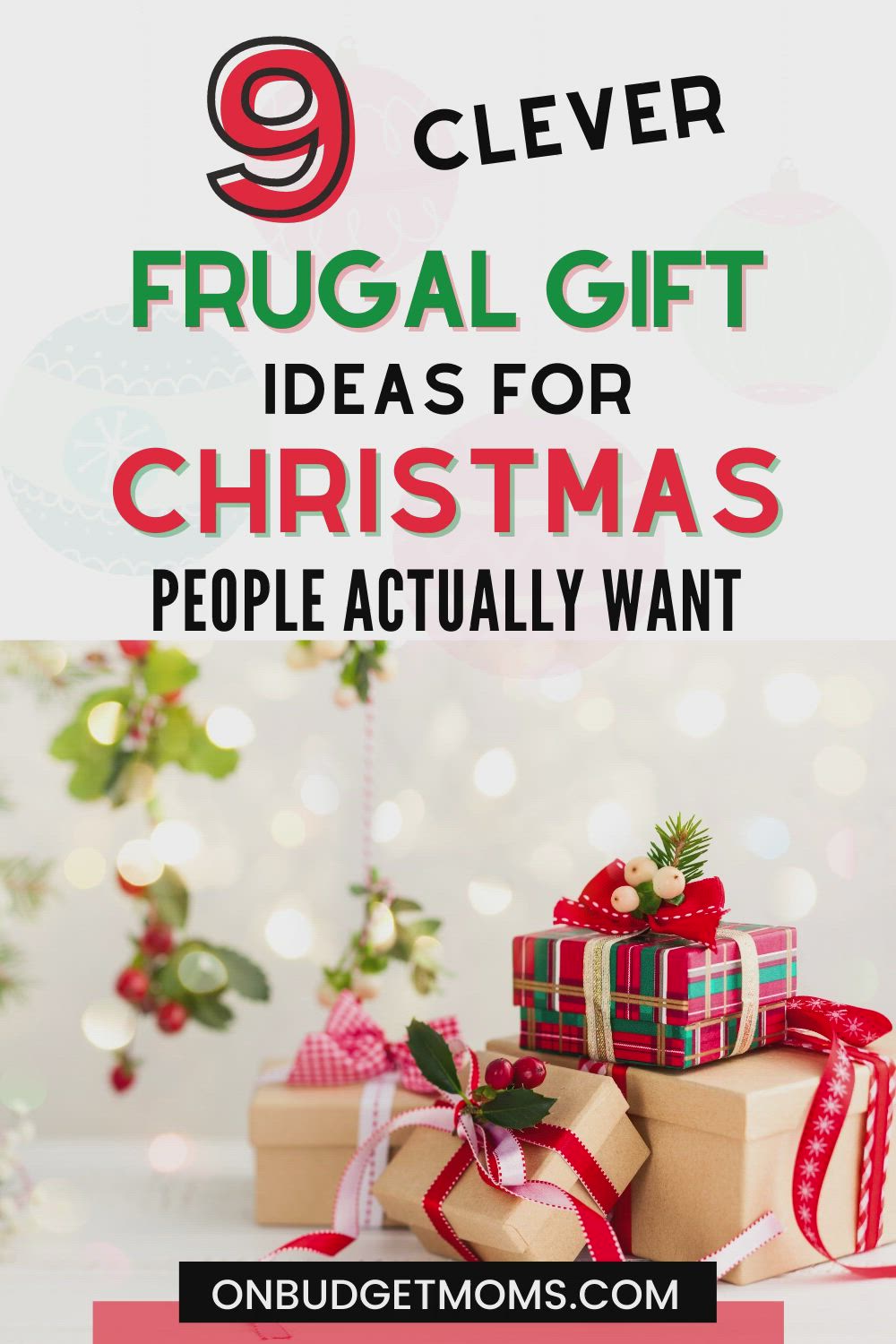 This may contain: presents are stacked on top of each other with the words 9 clever frugal gift ideas for christmas people actually want