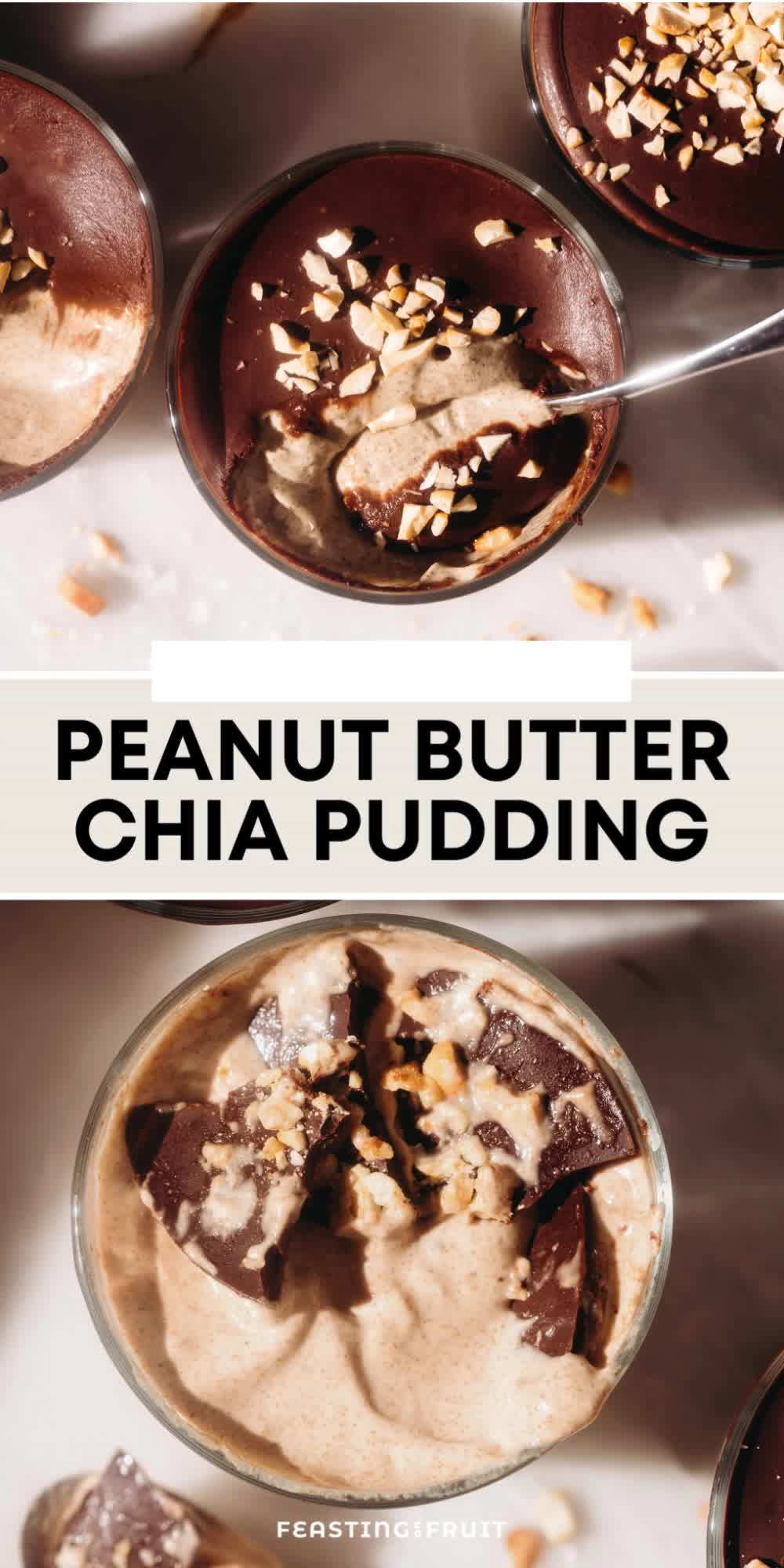 This may contain: chocolate peanut butter chia pudding in two bowls with spoons and nuts on top