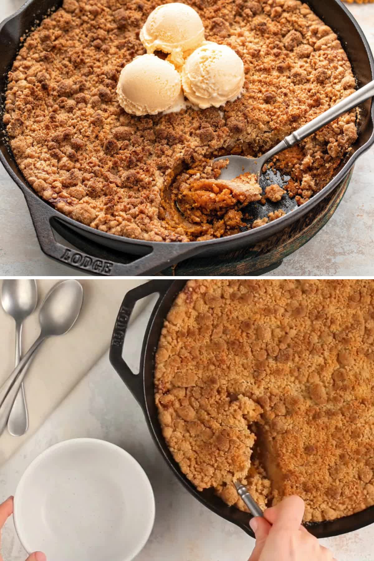 This may contain: two pictures showing how to make an apple crisper pie with ice cream on top